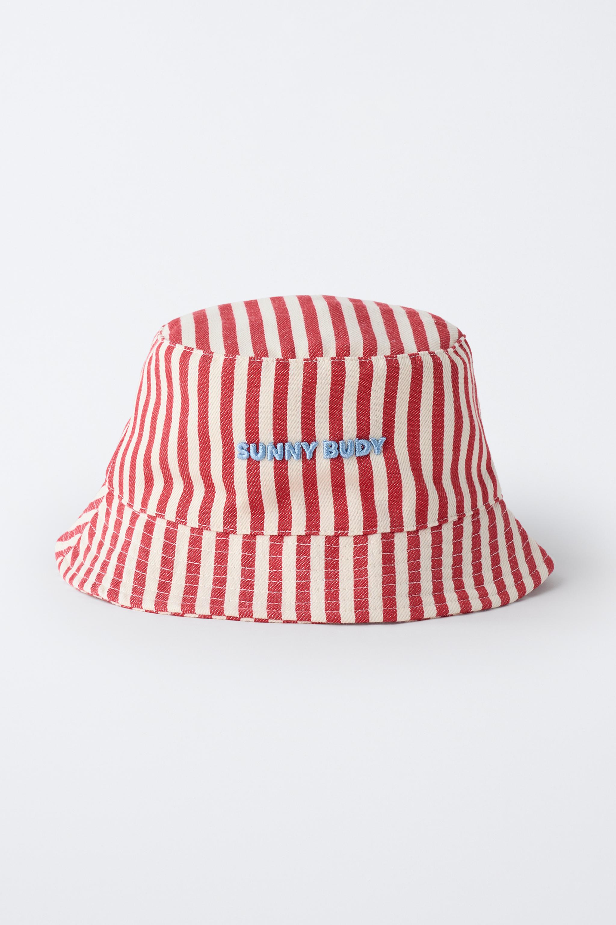 STRIPED BUCKET HAT WITH EMBROIDERED TEXT